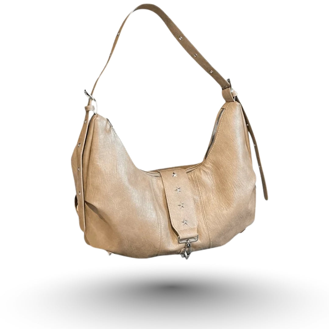 ANGE – Sac à main besace de cours en cuir vegan beige chic et pratique.