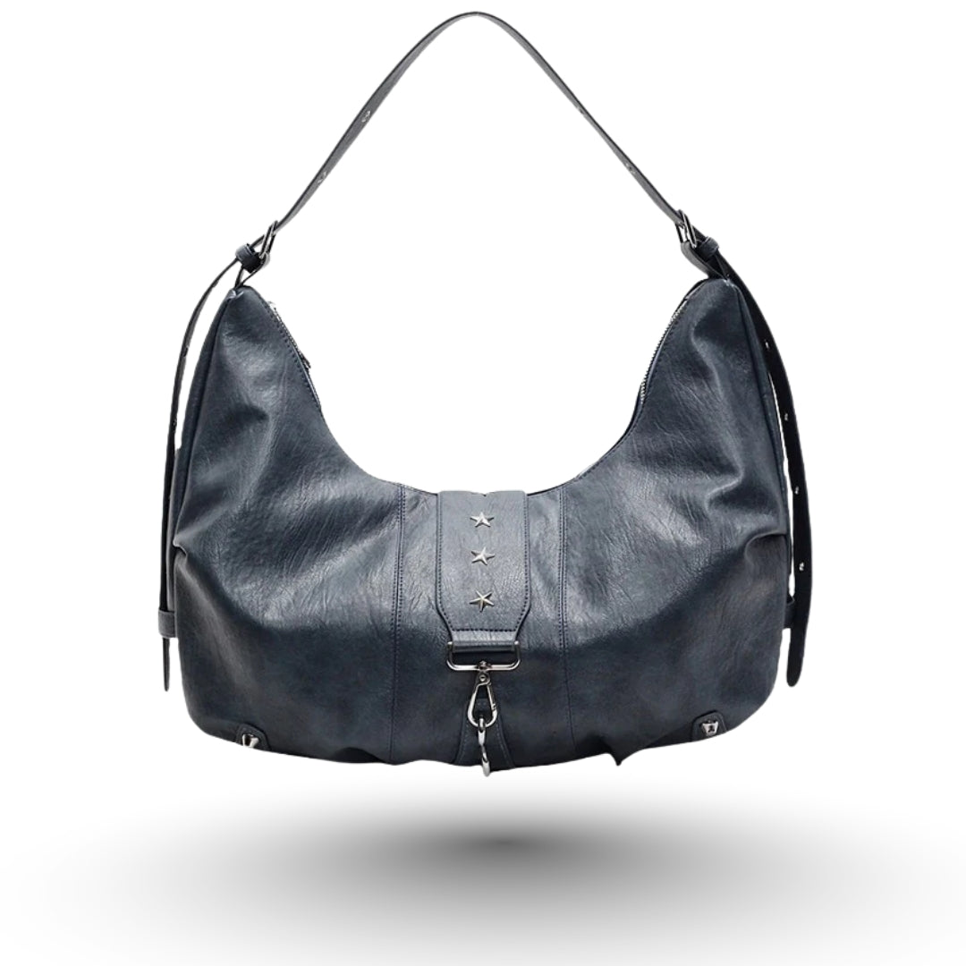 ANGE – Sac à main besace de cours en cuir vegan bleu chic et pratique.