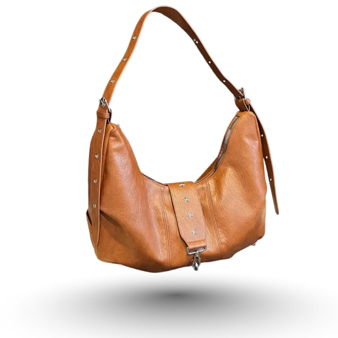 ANGE – Sac à main besace de cours en cuir vegan camel, chic et pratique.