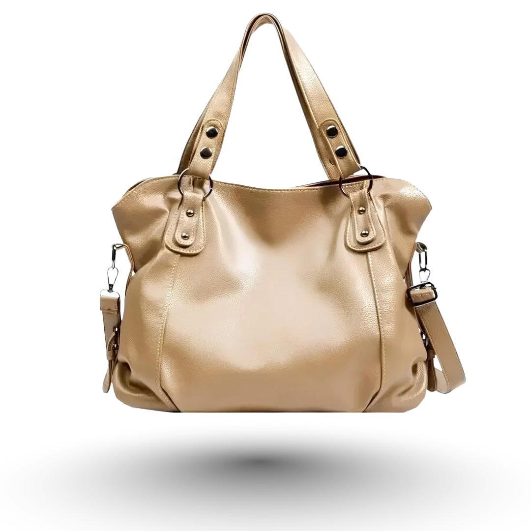 Élora – Sac à main de cours en cuir vegan beige de luxe, design raffiné et fonctionnel pour étudiantes et professionnelles.