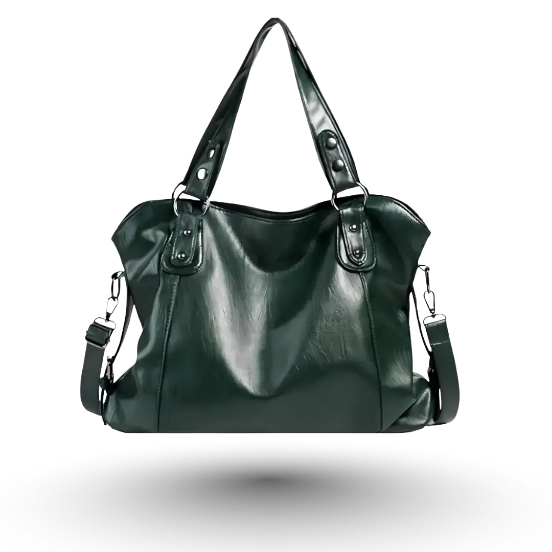 Élora – Sac à main de cours en cuir vegan vert de luxe, design raffiné et fonctionnel pour étudiantes et professionnelles.