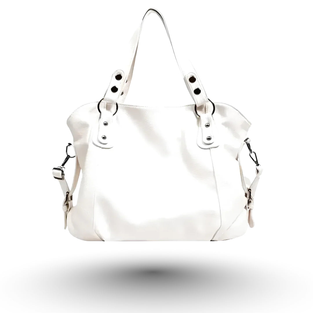 Élora – Sac à main de cours en cuir vegan blanc de luxe, design raffiné et fonctionnel pour étudiantes et professionnelles.