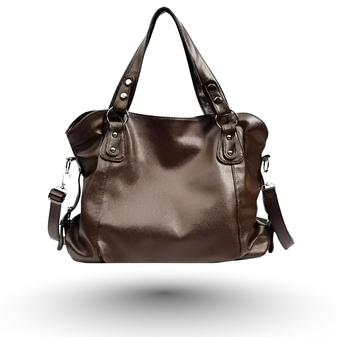 Élora – Sac à main de cours en cuir vegan marron café de luxe, design raffiné et fonctionnel pour étudiantes et professionnelles.