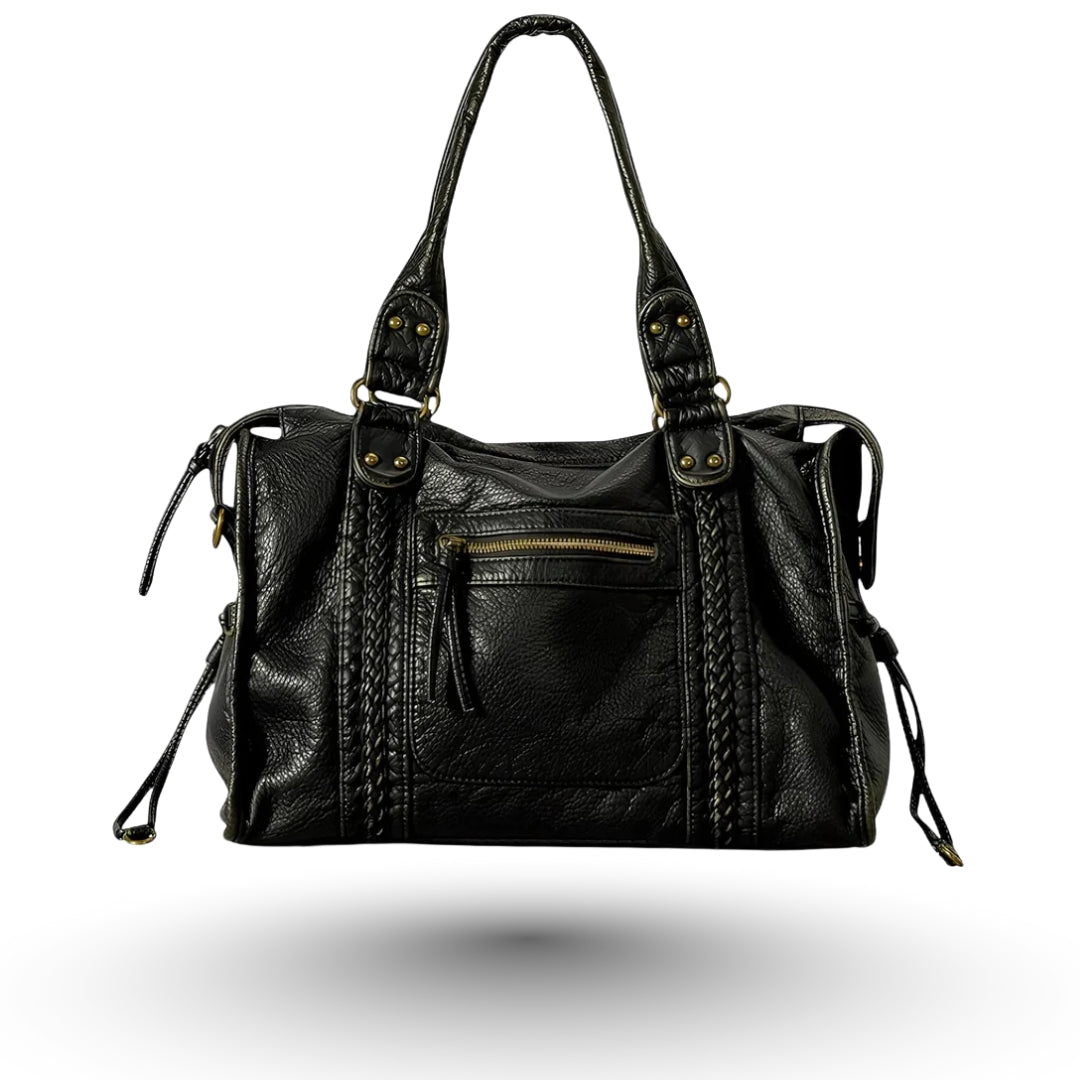 TOKYO – Sac à main de cours bandoulière en cuir vegan rigide noir, moderne et pratique, fermeture éclair en doré brossé